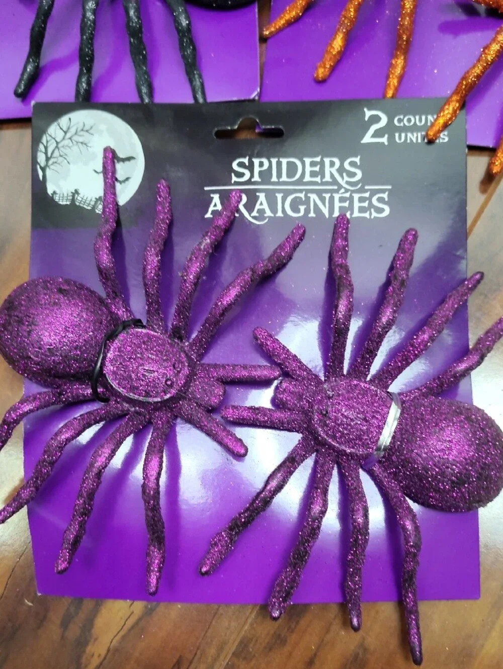 New 3 Set Of Two Glitter Halloween Spider Decorations - Black, Orange, Purple